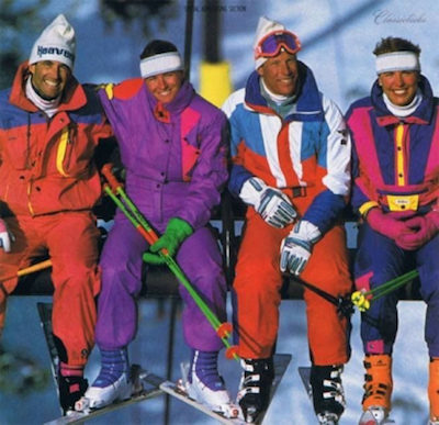 1980s multi-coloured all-in-one ski suits fashion