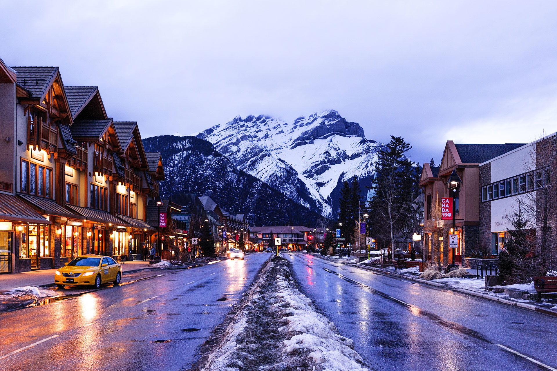 banff village ski resort at night